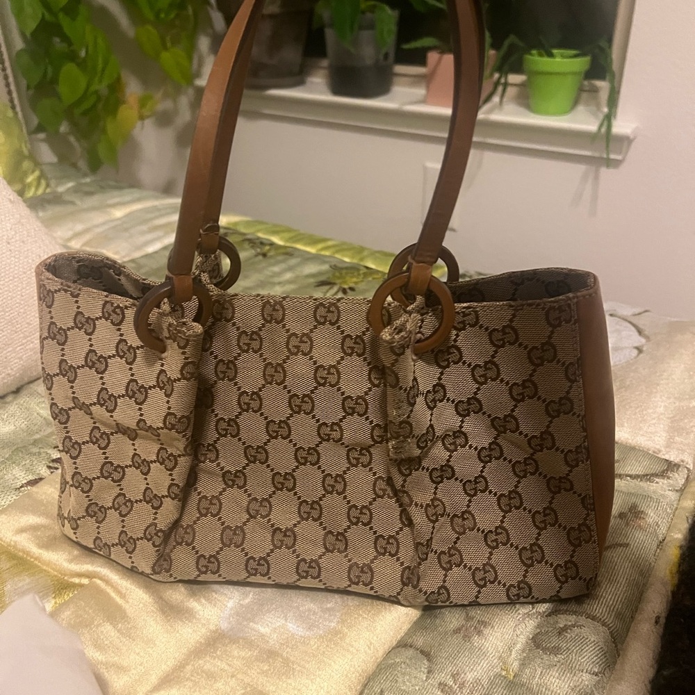 Vintage Gucci Beige and Brown Monogram Shoulder Bag
